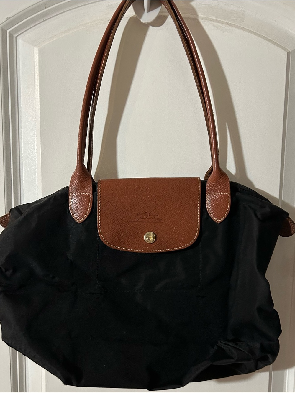 Longchamp Black Tote with Brown Leather Trim